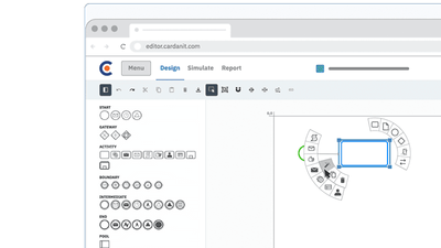 Screenshot of Cardanit’s process modeling interface showing BPMN elements on the left and a selected task with the circular context menu on the canvas.