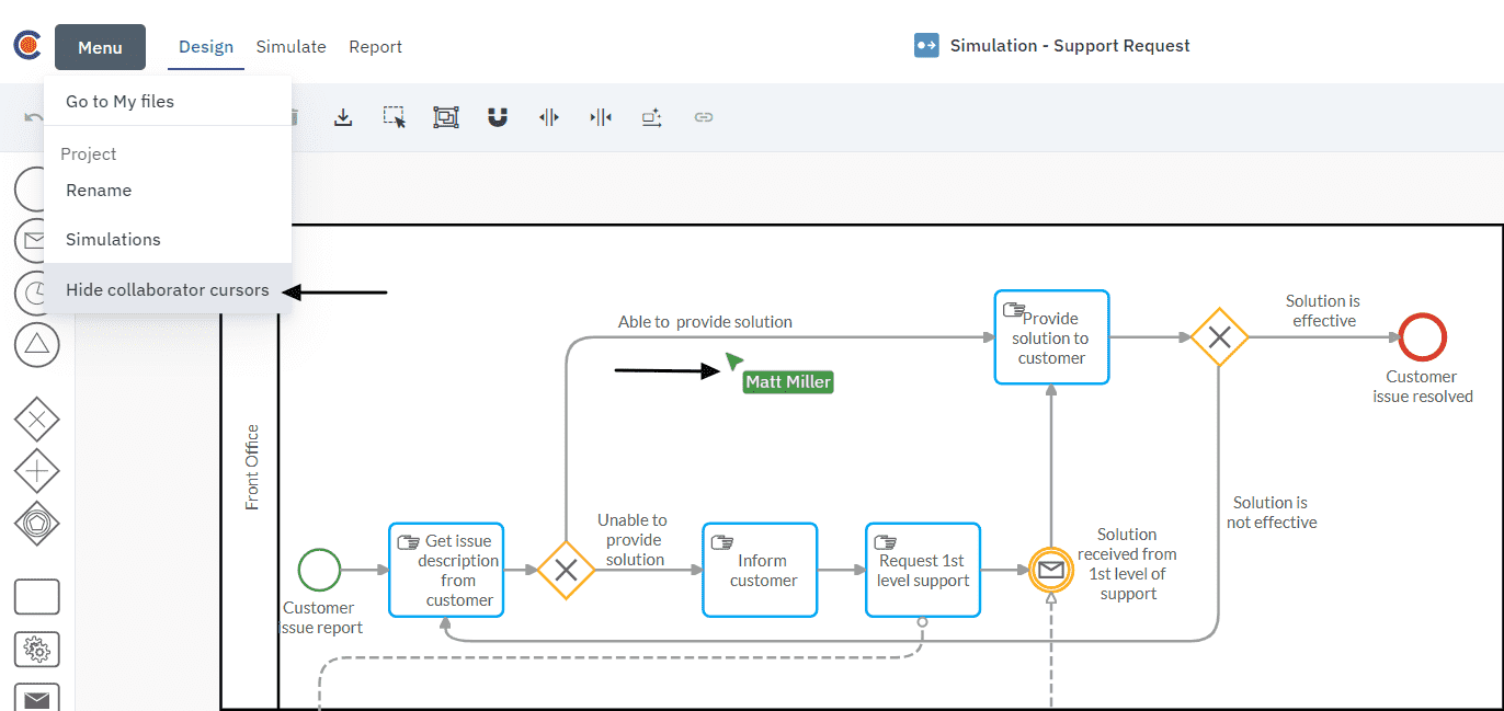 menu with hide functionality and process showing active collaborator cursor